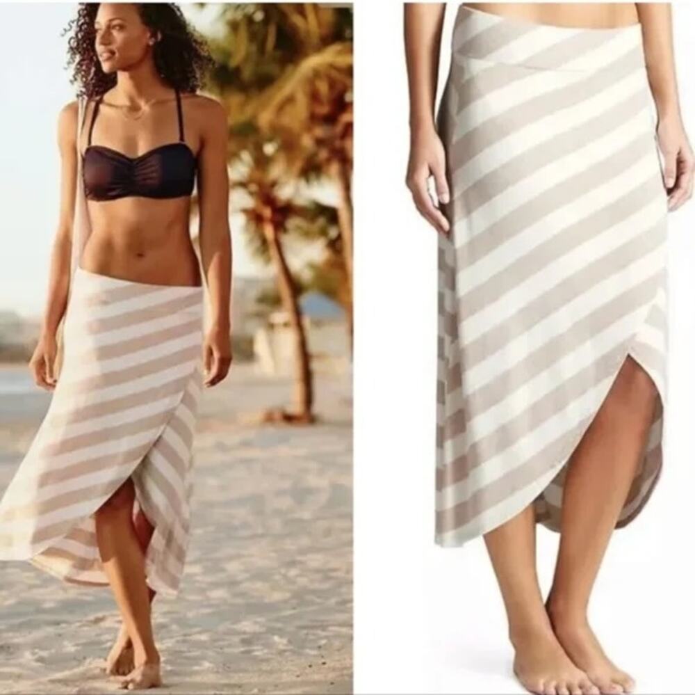 Athleta Ribbon Stripe Tulip Hem Midi Skirt Tan White Faux Wrap